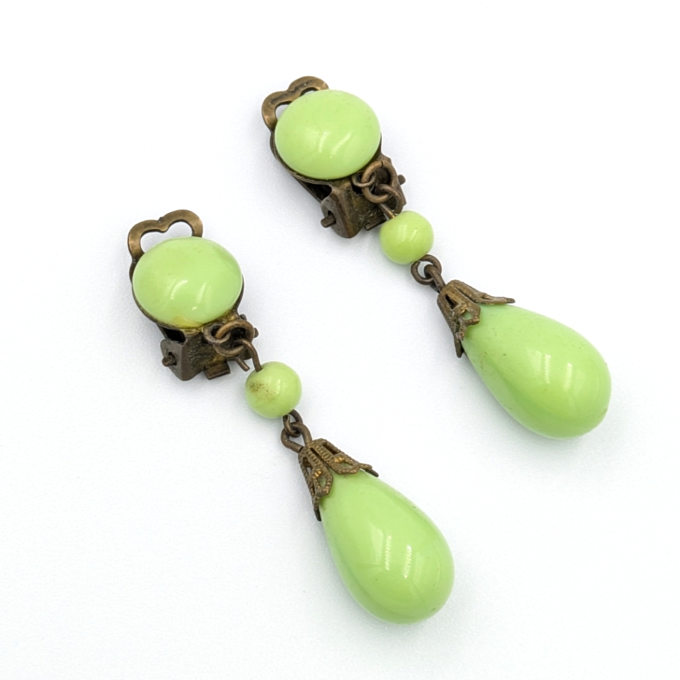 Vintage Mid-Century Art Nouveau Style Dangle Light Green Earrings